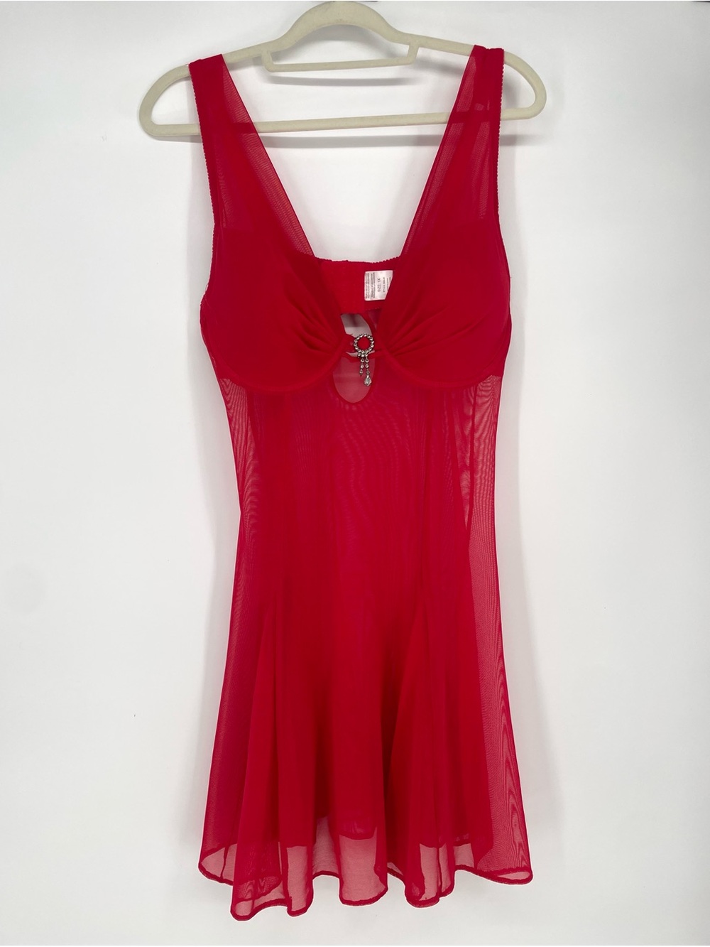 Red Mesh Sheer Skirt Lingerie Babydoll Mini Dress W Rhinestone Accent